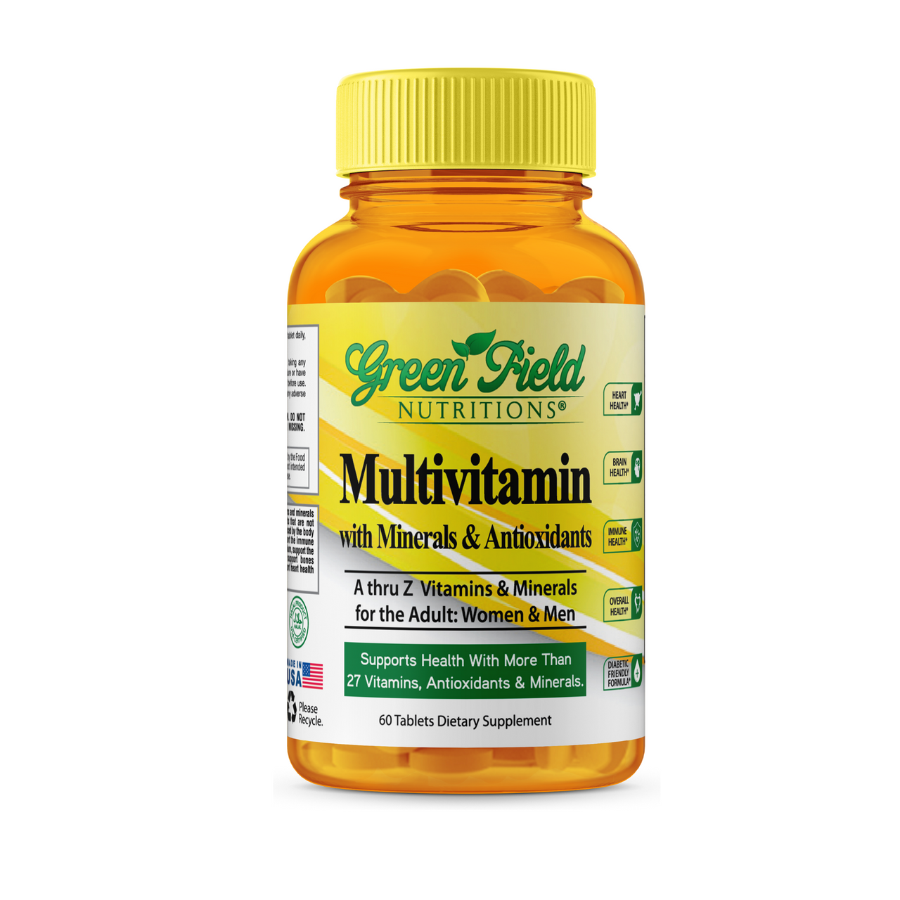 Greenfield Nutritions - Halal Multivitamin with Minerals for Women and Men Adult (Gelatin Free) - 60 Tablets Halal Vitamins