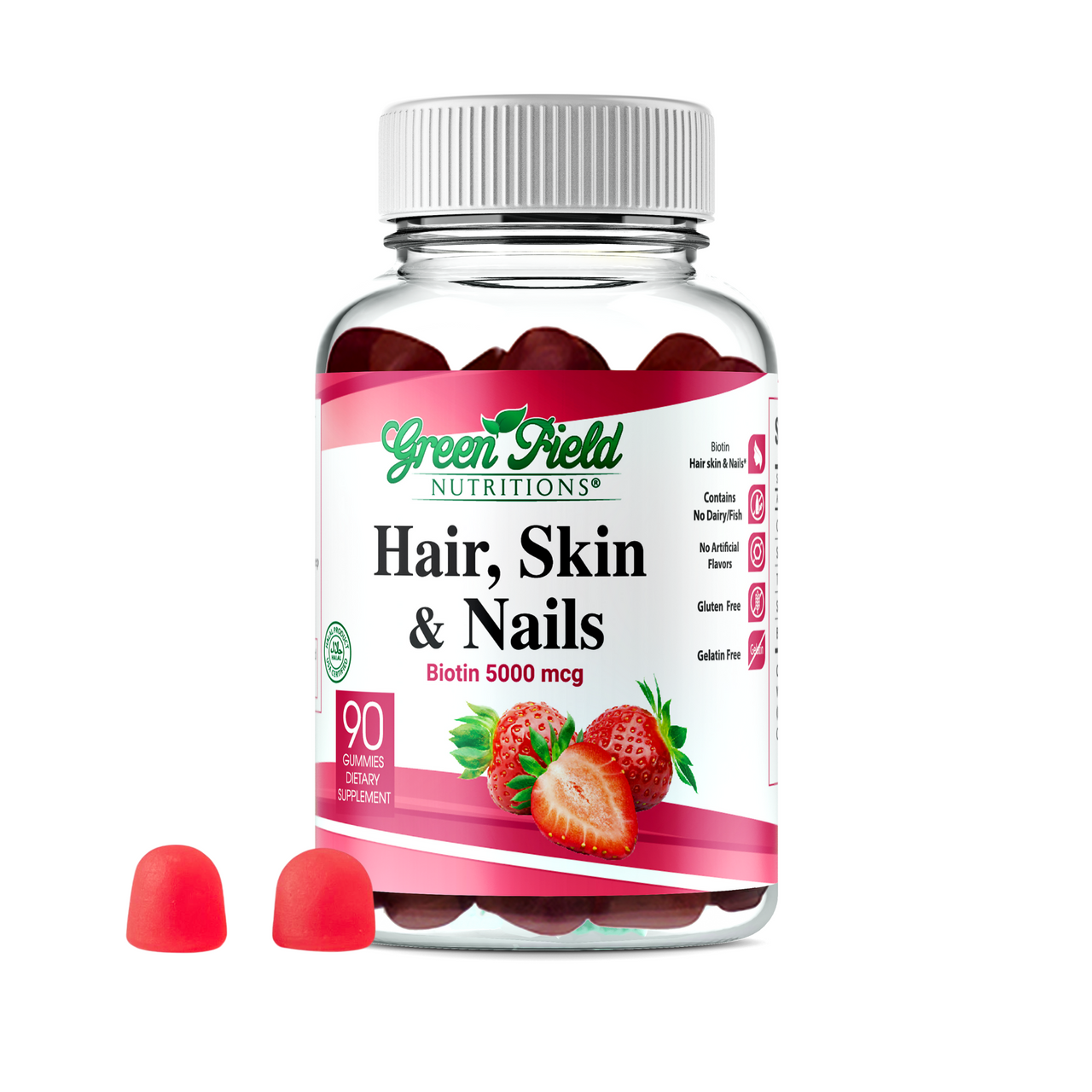 Greenfield Nutritions - Halal Gummies Hair, Skin and Nails Vitamins (5000 mcg Halal Biotin Gummy) - 90 Gummies