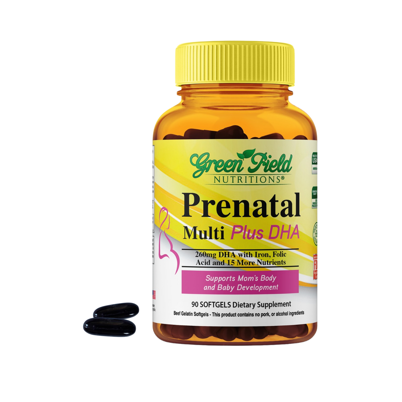 Greenfield Nutritions - Halal Prenatal with DHA, Folic Acid, Multi-vitamins with Minerals, 300mg DHA, - 90 Liquid Soft gel