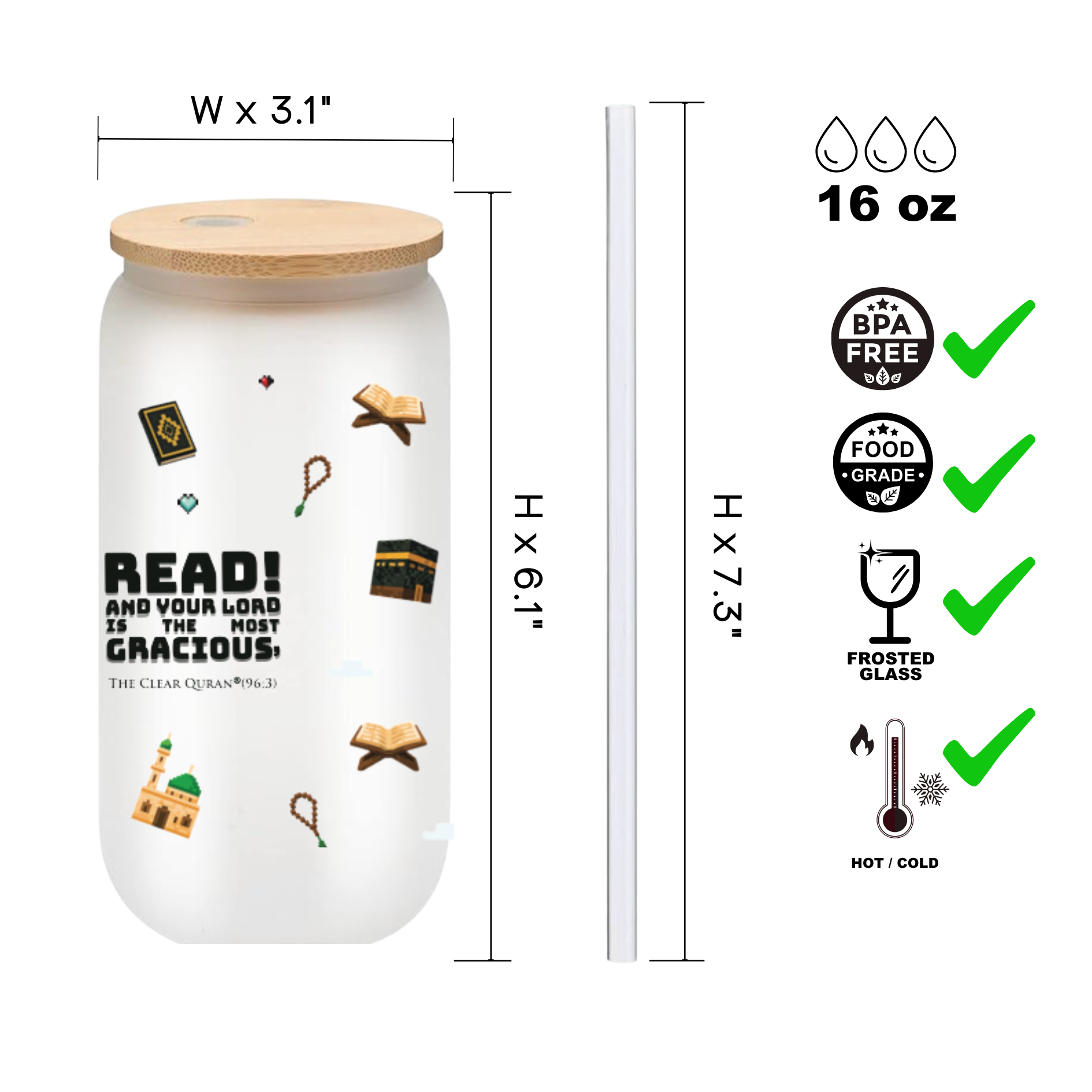 Islamic Frosted Glass Tumbler with Arabic Calligraphy - 16oz Muslim Drinking Glass