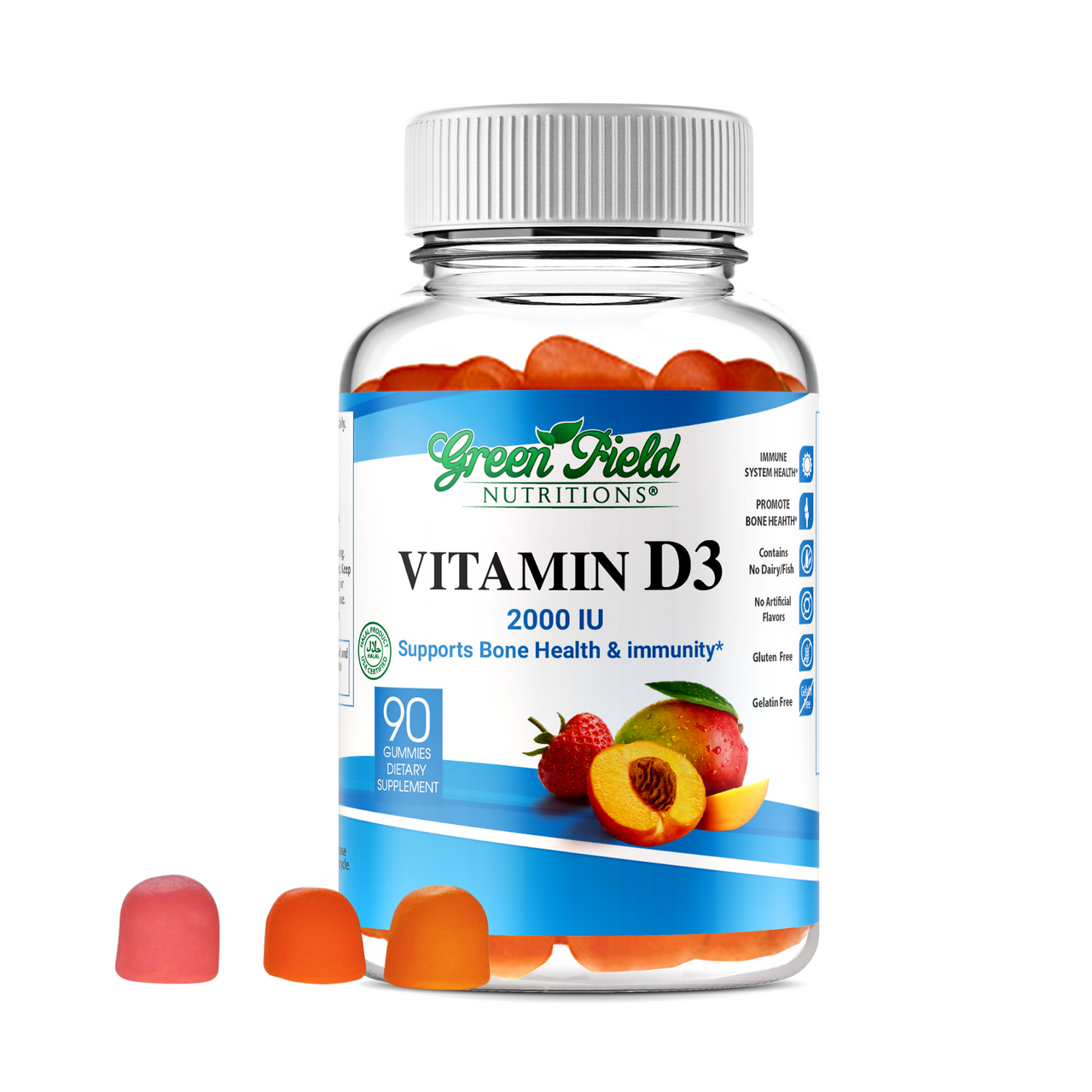 Greenfield Nutritions - Halal Vitamin D3 2000IU (50 mcg) Gummies for Adult - Gelatin Free and Gluten Free-90 Gummy