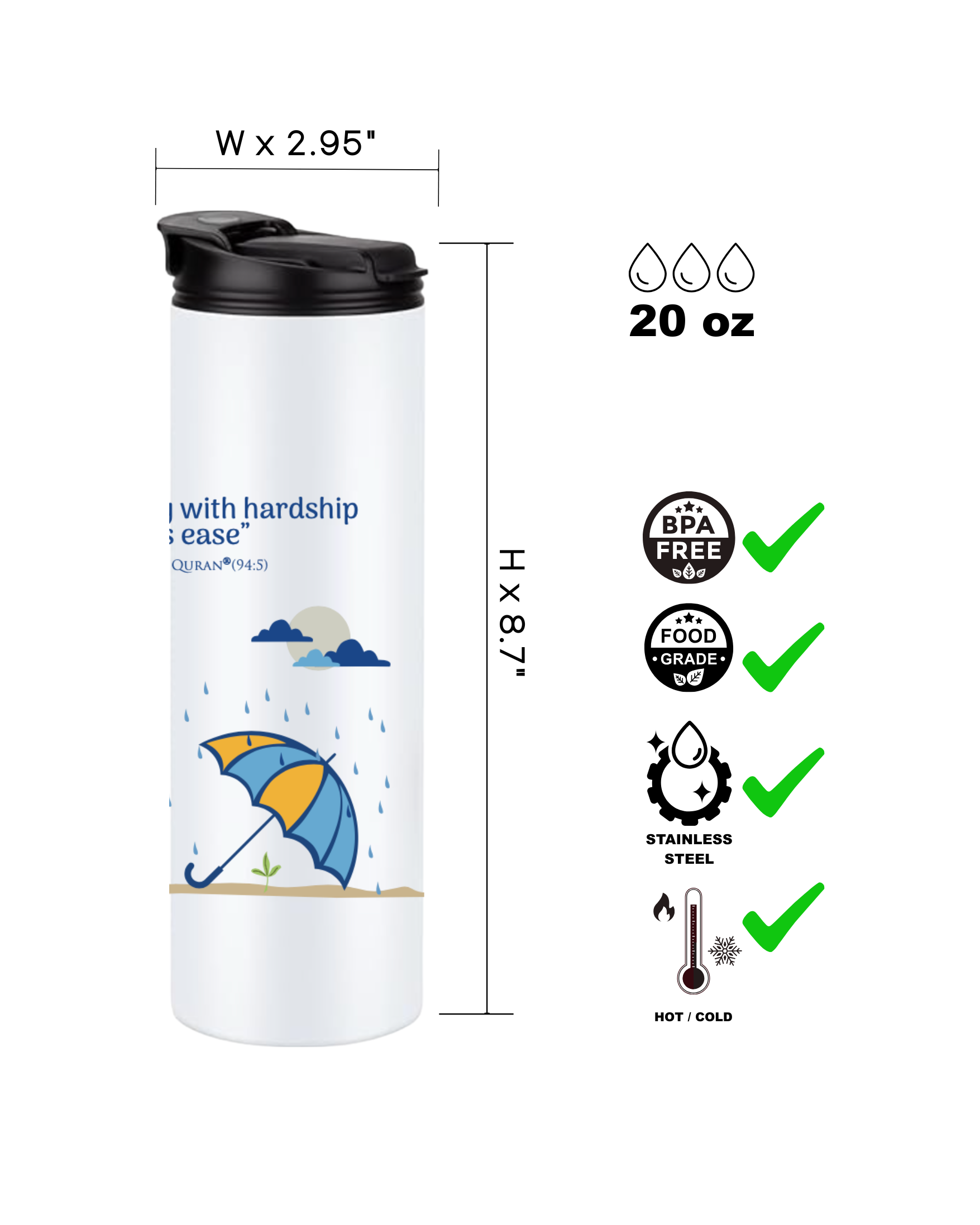 Islamic Stainless Steel Sports Water Bottle with Arabic Calligraphy - 20oz Muslim Sport Tumbler