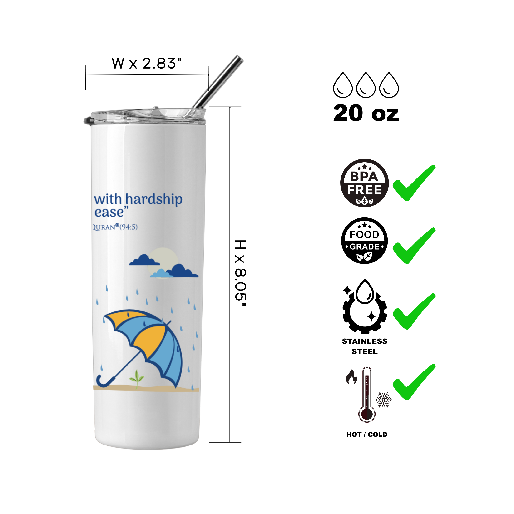 Islamic Stainless Steel Tumbler with Arabic Calligraphy - 20oz Vacuum Insulated Muslim Cup