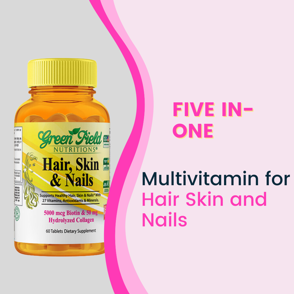 Greenfield Nutritions - Halal Hair, Skin and Nails Multivitamin with 5000 mcg Halal Biotin and 50 mg Halal Collagen, 60 Coated tablets