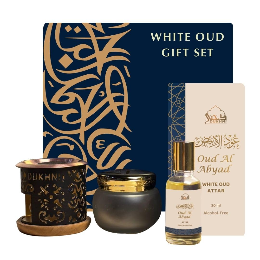 Dukhni White Oud Gift Box | 40g Ma’amoul Al Abyad Bakhoor, 30ml Oud Al Abyad Attar, Classic Bakhoor Burner