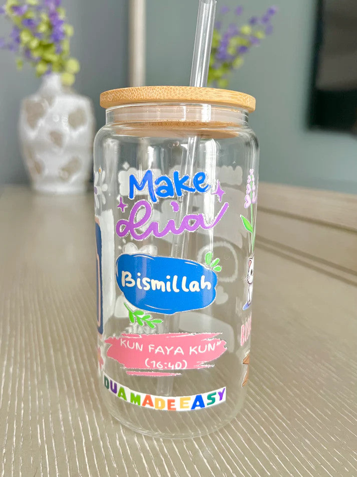 Glass Tumbler with Straw & Stickers