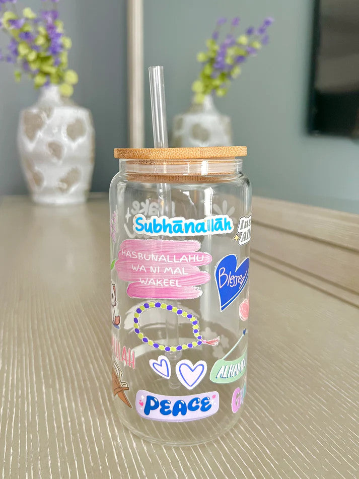 Glass Tumbler with Straw & Stickers