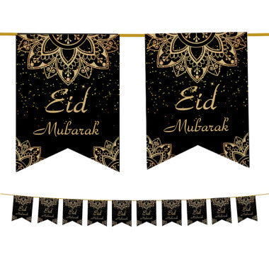 Eid Mubarak Bunting - Black & Gold Geometric Flags Decoration