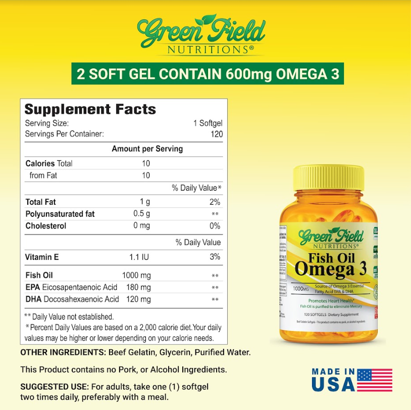 Greenfield Nutritions - Halal Fish Oil 1000mg, 120 Softgels, Omega 3 300mg