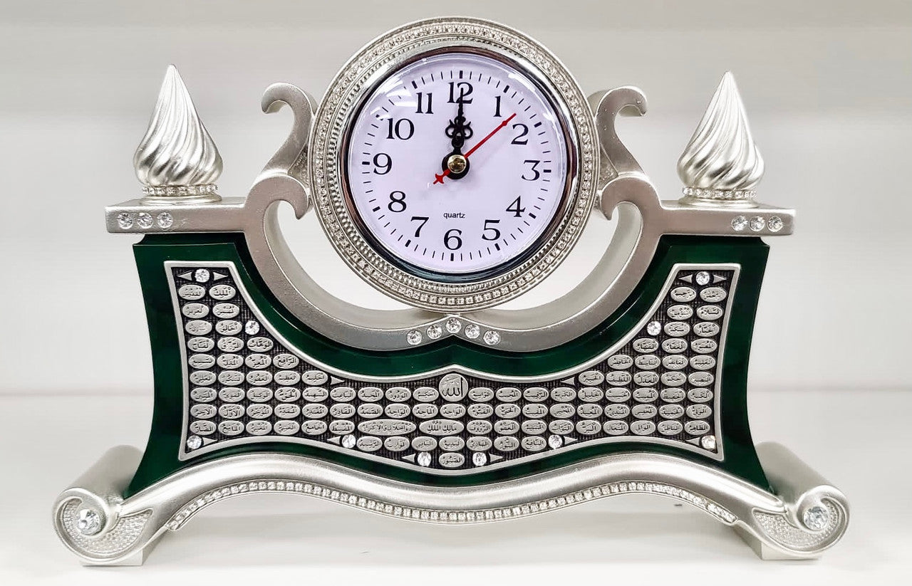 Turkish Islamic Home Table Decor Clock with 99 Names of Allah (Green & Silver)